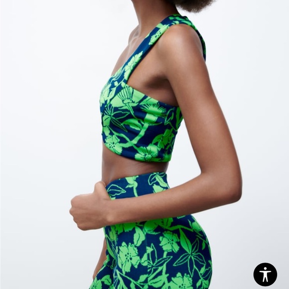 ZARA Jacquard top with asymmetric neckline and strap Blue Green Crop Top Large - Picture 6 of 15